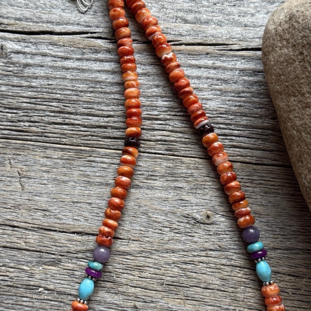 Orange Spiny Oyster Multi Stone Color Sterling Silver Bead Necklace 18 inch Gift - Picture 11 of 12